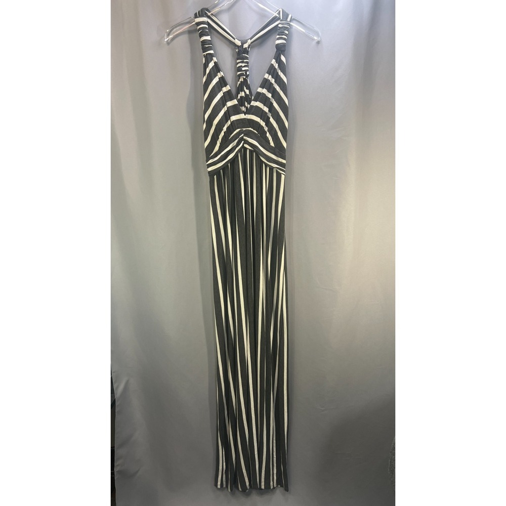 Womens Maxi Dress Medium Black Beige Striped Plunge V Neck Pleated Streetwear